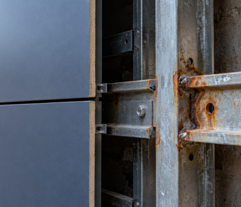 metal cladding substructure frame behind exterior wall panels,