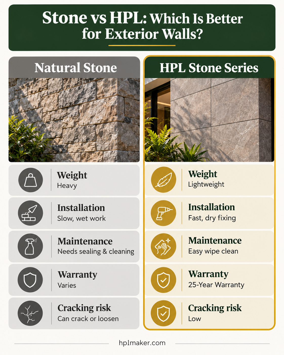 Comparison of natural stone cladding and HPL stone series on weight, maintenance and warranty