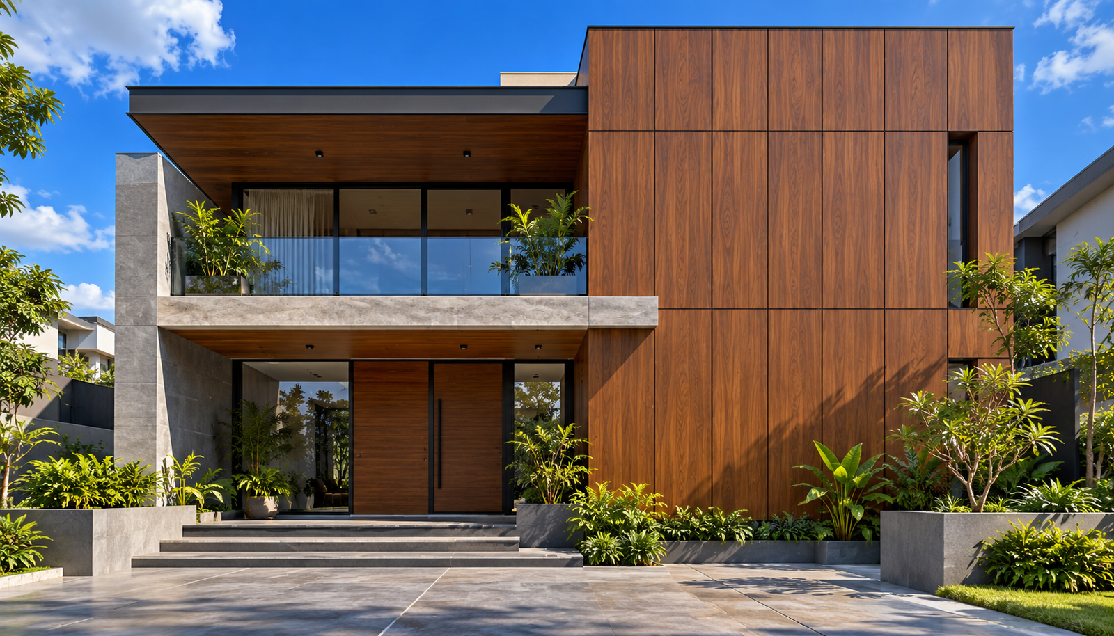 Modern Indian villa facade clad in warm wood-finish HPL panels, photographed in clear post-monsoon daylight