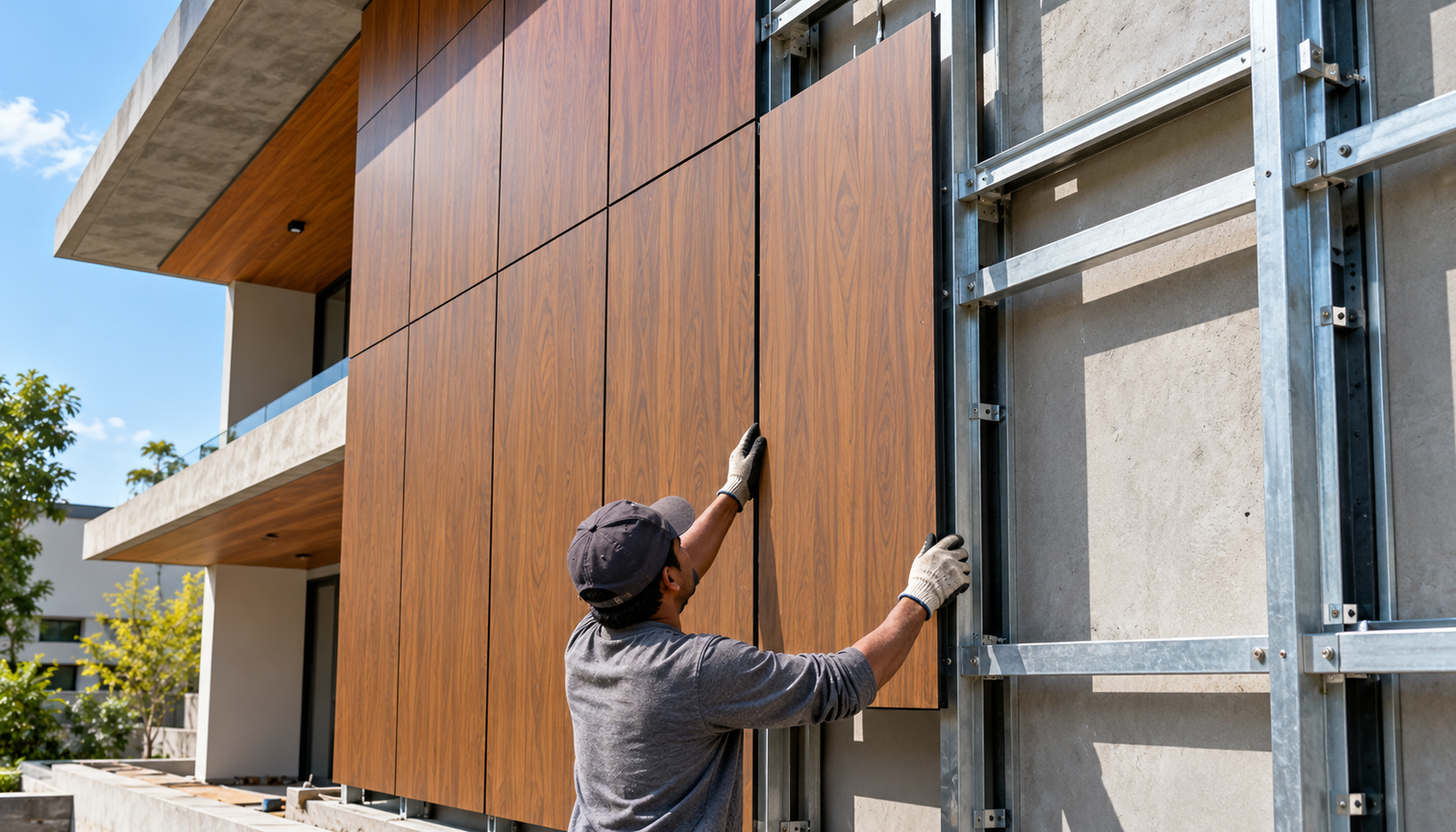 Installer fixing exterior HPL cladding panels onto a metal substructure frame on an Indian house facade