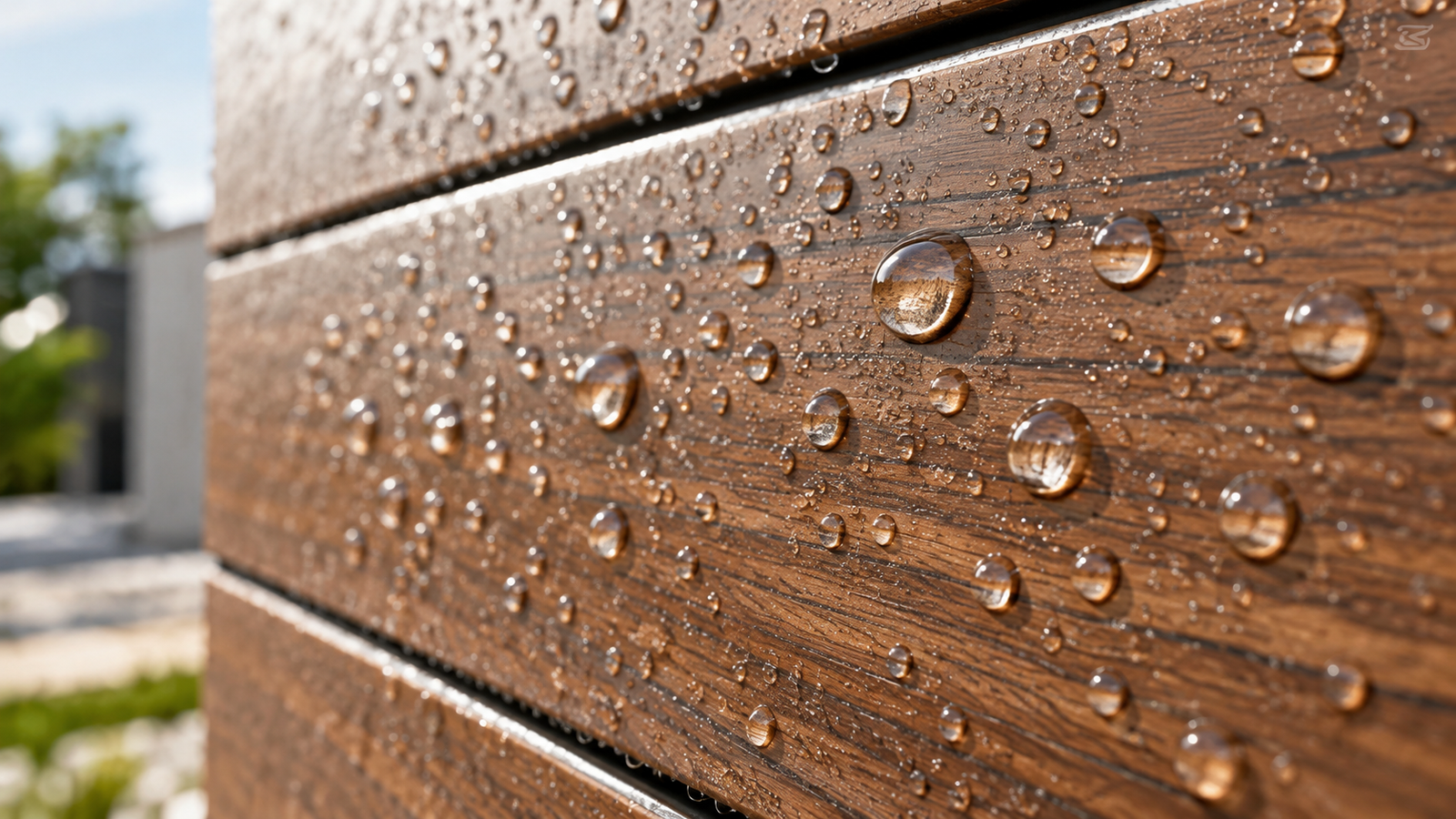 Water beading on the surface of an exterior HPL cladding panel after rain